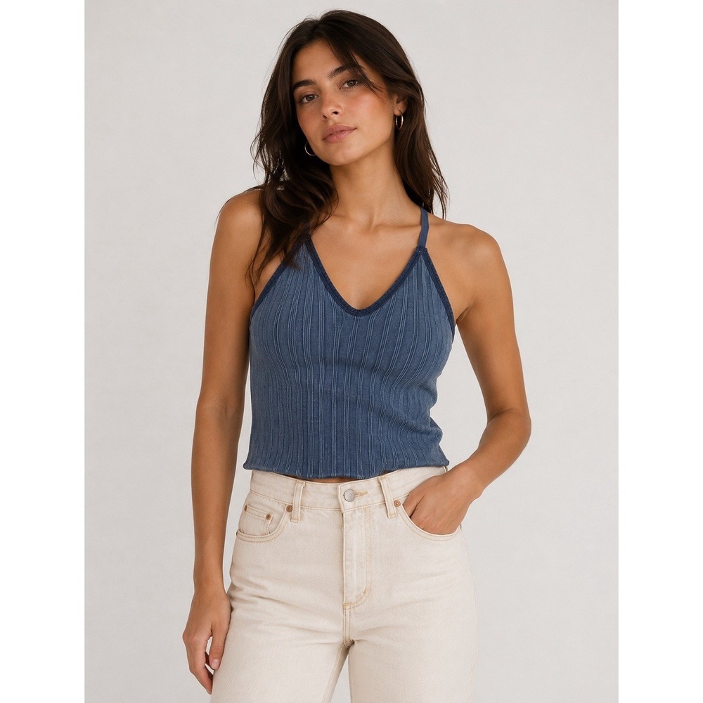 Halara Blue Ribbed Seamless Camisole Tank Top Built In Bra Size Small NWT